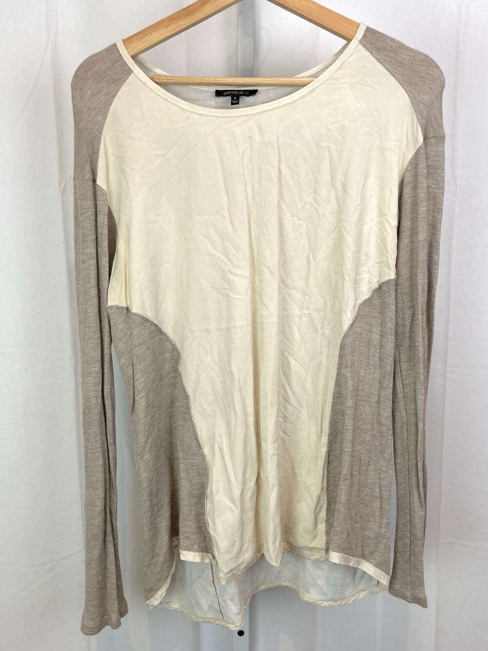 LAFAYETTE 148 Size XS P Long Sleeve Colorblock Top Ivory Silk Crepe Beige Knit